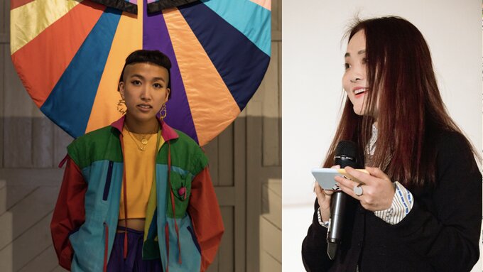 Left: photo of Rae-Yen Song wearing a colourful jacket. Right: photo of Sophia Yadong Hao holding a mic wearing a suit