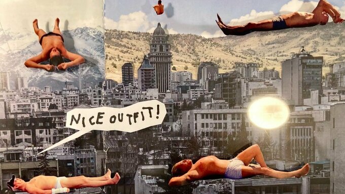 A still from the DIY animation student video: a collage of men sunbathing against a black and white cityscape.