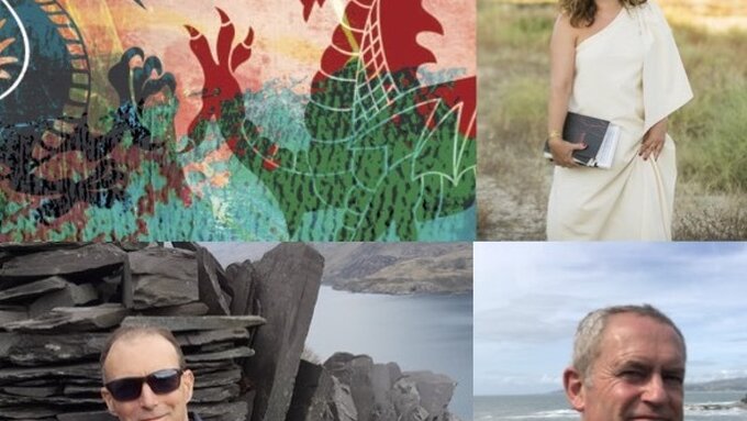 Composite images of three poets in outdoor settings alongside illustration of two dragons.