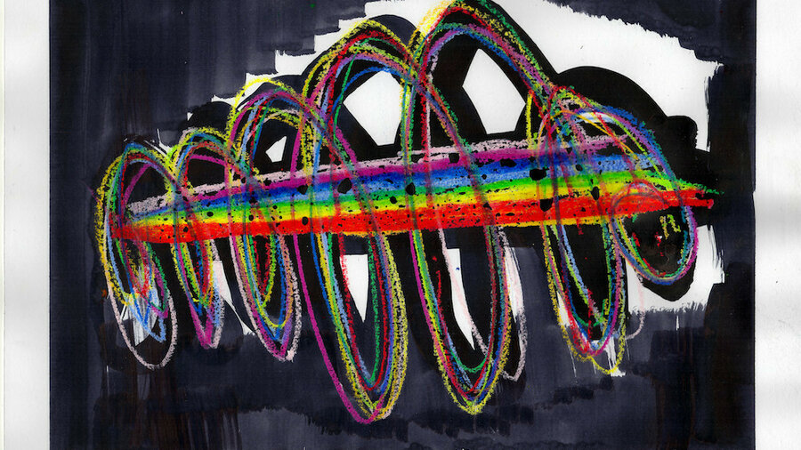 An abstract shape made of looping circles, drawn in the colours of the rainbow.