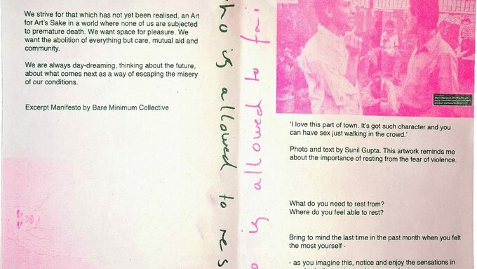 A collage of text from Bare Minimum Collective, and pink-tinted images, some text is handwritten and some printed.