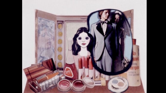 A collage with illustrations of a face, lipstick and other make-up products.
