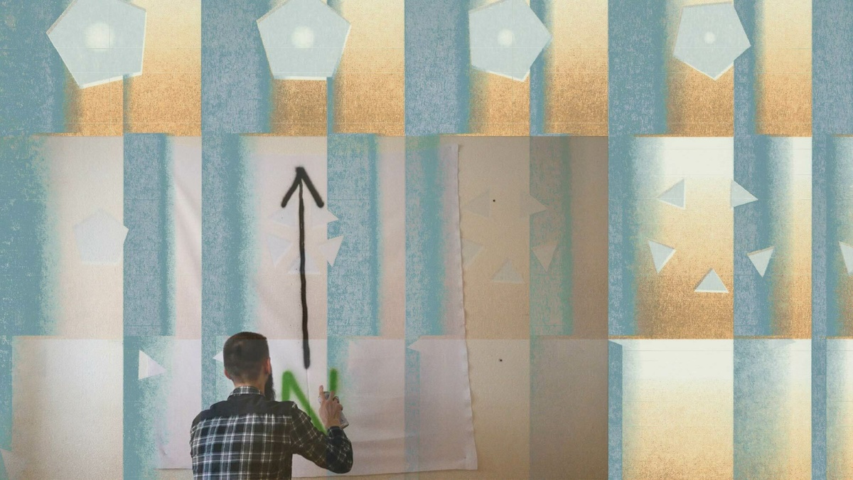 A grid of moving polygons and triangles is overlaid with a video still showing a person spraying painting.