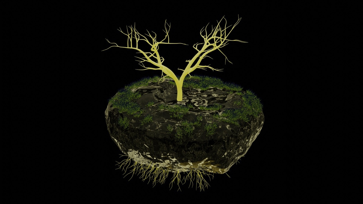 A 3D render of a leafless tree rooted into a floating lump of earth.