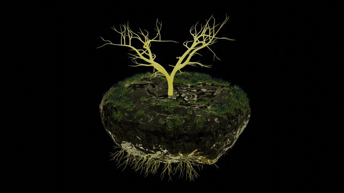 A 3D render of a leafless tree rooted into a floating lump of earth.