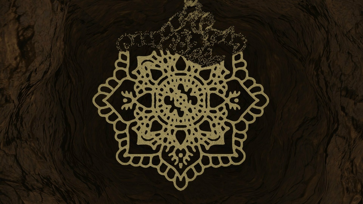 An ornate gold symbol partially dissolved into particles on a black background