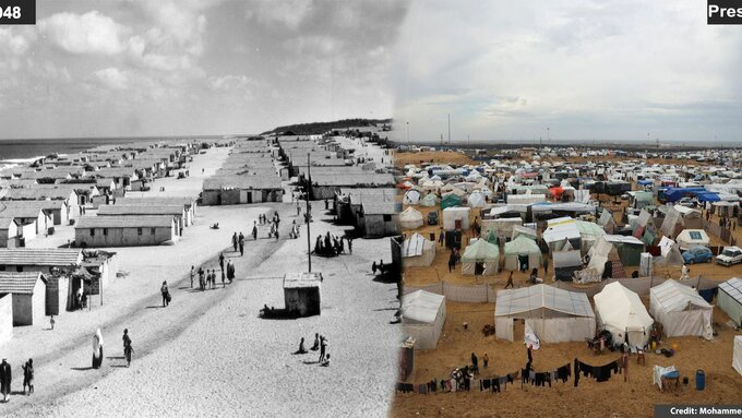 An image from 1948 of small buildings in Rafah, beside it is a photo of a refugee camp full of tents in the present day.