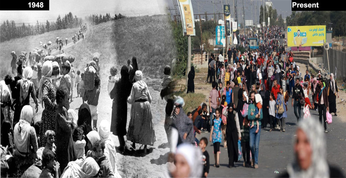 Left: An image from 1948 of Palestinians fleeing with their belongings. Right: a similar image from the present day.