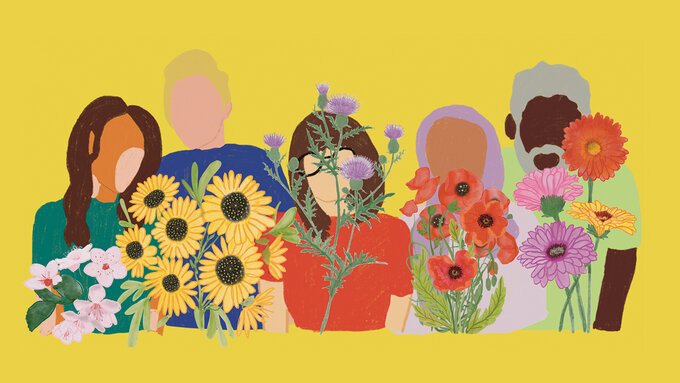 An illustration of five men and women with various national flowers.
