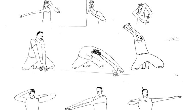 9 line drawings show snapshots of dancers whilst in movement.