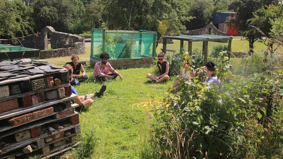 A group of people sitting in a green and sunny community garden.