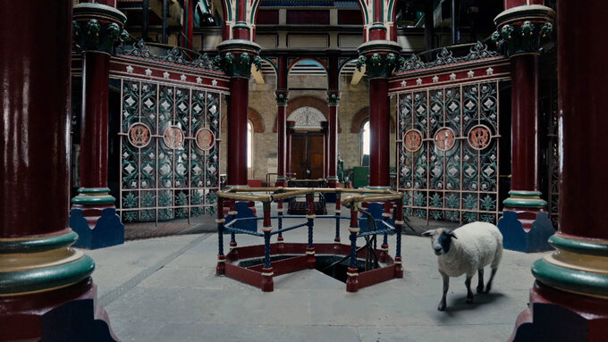 A sheep walking on a stone floor in a circular room.