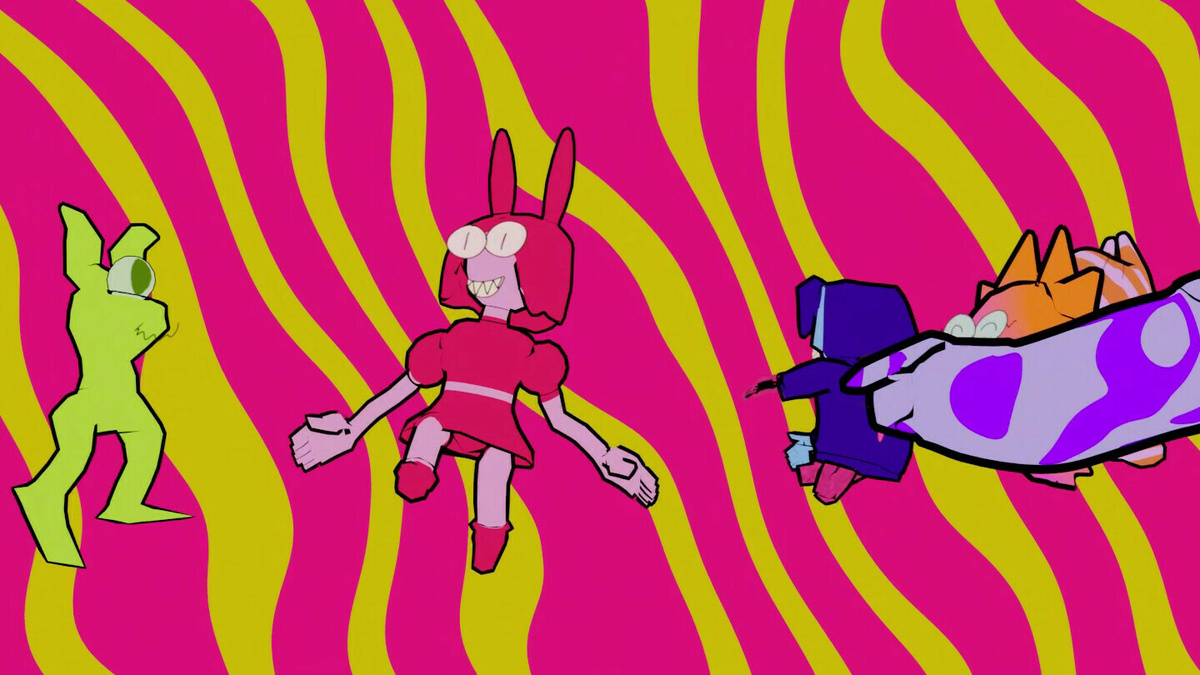 Three animated characters appear against a squiggly pink and yellow background.