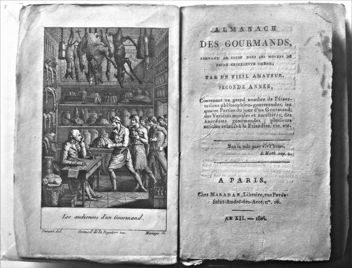 First page of Almanach des Gourmands by Grimod de La Reynière with the title page and an illustration on the left.