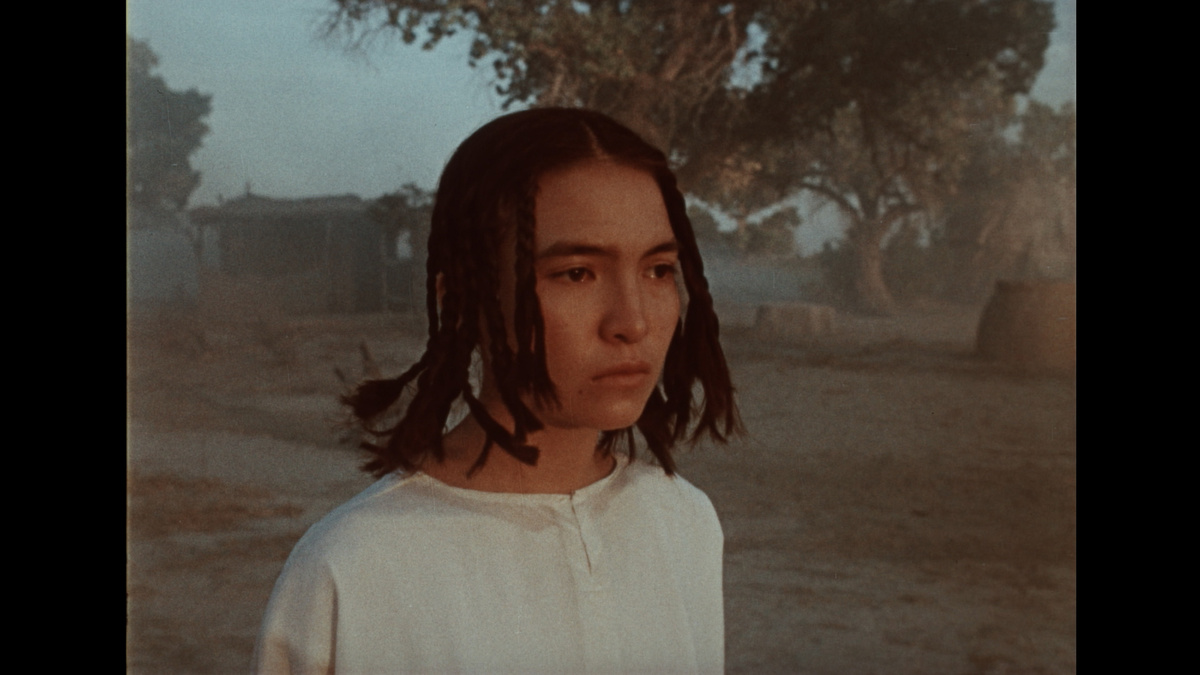 A mournful looking woman wearing braids and standing in a dusty rural landscape.