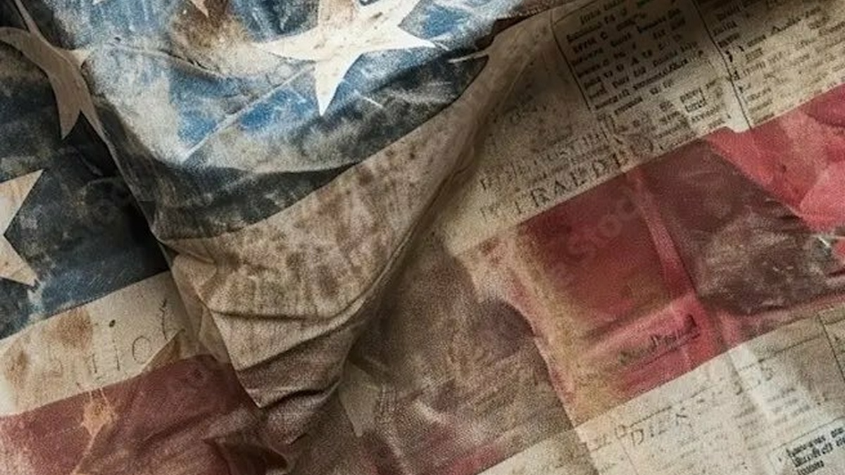 A crumpled flag of the USA, printed on a newspaper