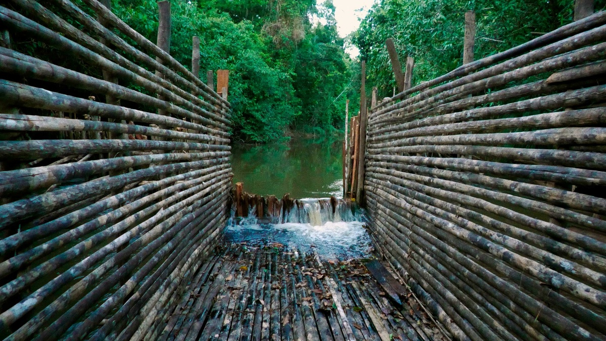 Water rushes from a river into a large wooden structure