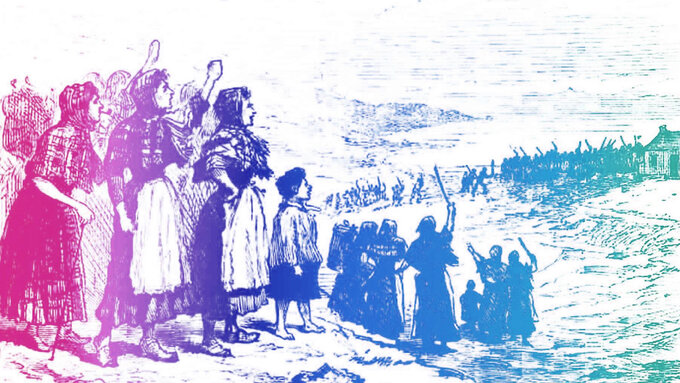 A gradient from pink to green to blue, which overlays an engraving of a crowd with raised fists in a rural landscape.