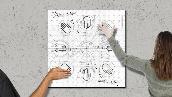 Two hands resting on a complex musical diagram