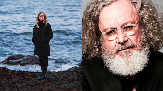 Left: Tine Surel Lange, blonde woman stood on a beach. Right: James Dillon, an older man with a thick gray beard.