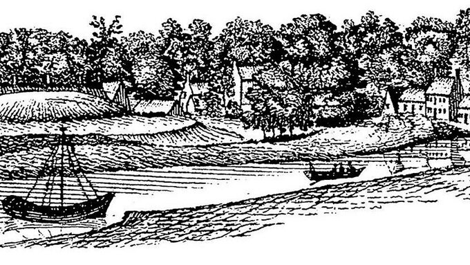 A black and white engraving of a river, houses and a flat topped hill.