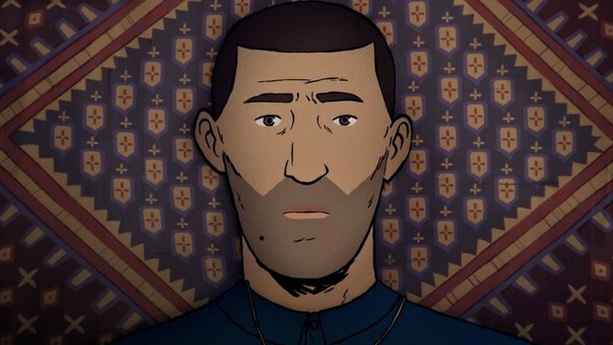 An animated portrait of a man with a brown, dark red, and blue geometric patterned design behind him.