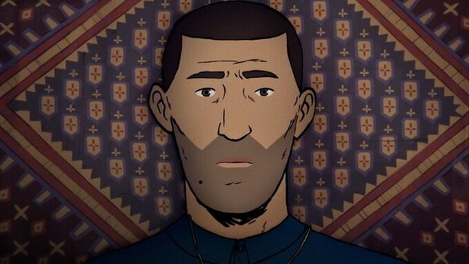 An animated portrait of a man with a brown, dark red, and blue geometric patterned design behind him.