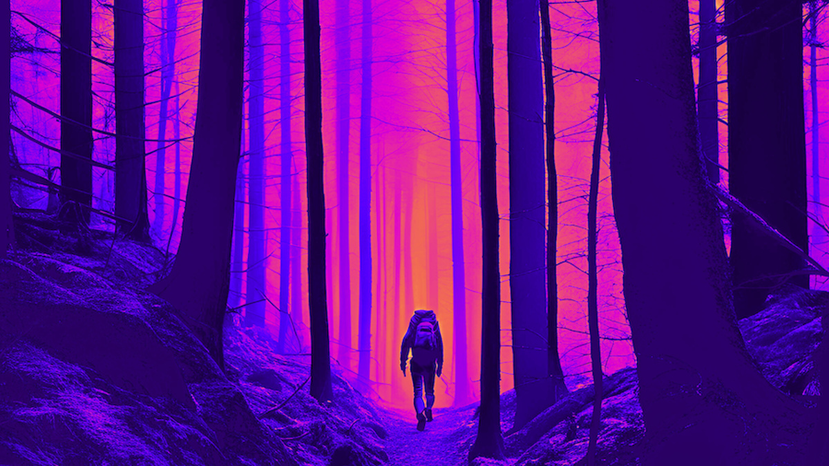 An illustrated image of a lone hiker entering a tall forest.