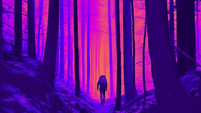 An illustrated image of a lone hiker entering a tall forest.