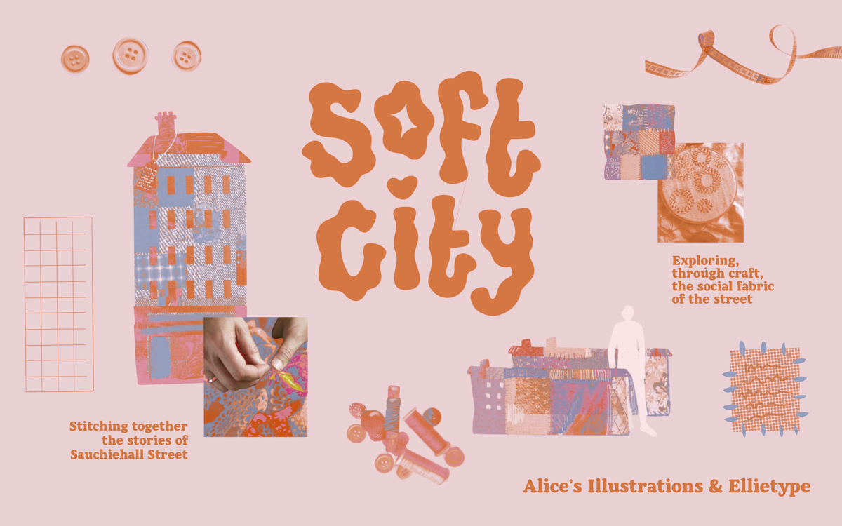 A pink image with orange-toned illustrations evoking cities and textiles.