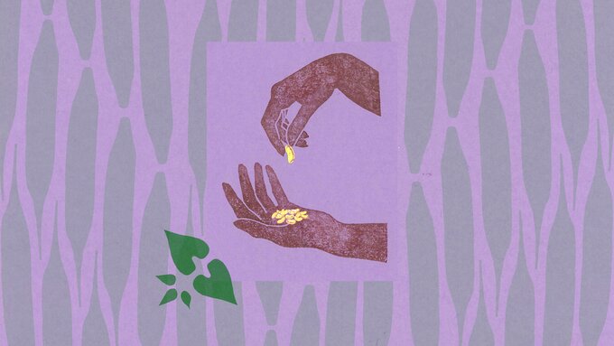 A purple illustration featuring hands holding seeds.