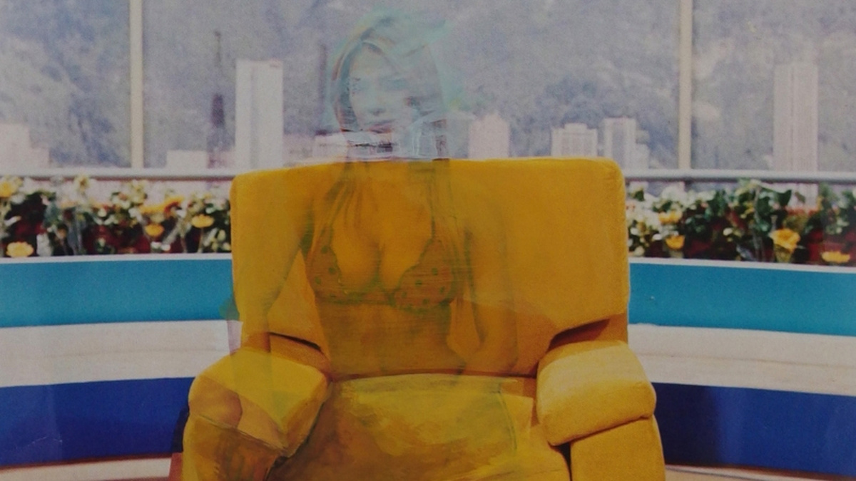 A person in a bikini is superimposed and almost transparent on a painting of a yellow chair.